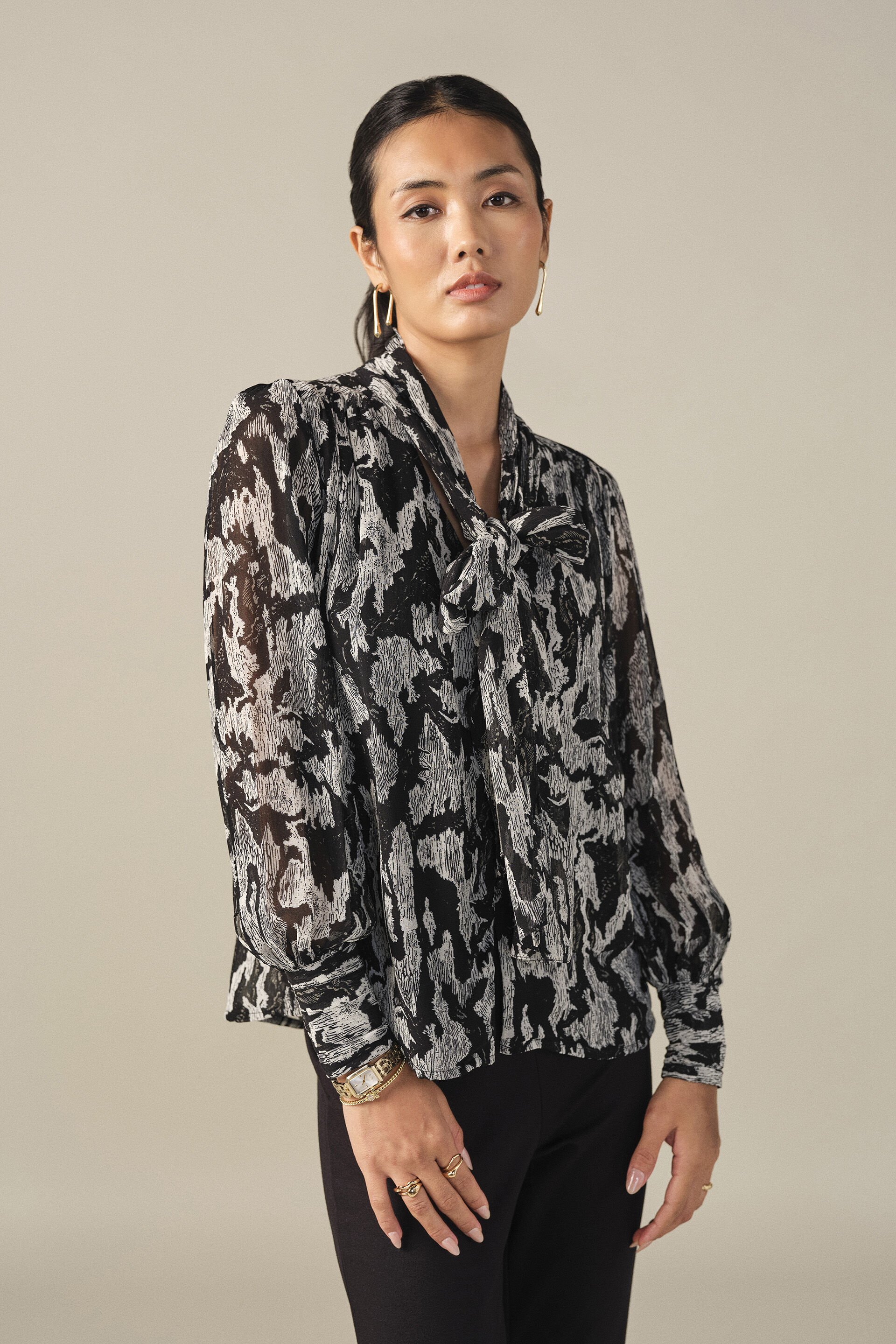 Abstract Print Scarf Neck Top in Black, Black, image 5